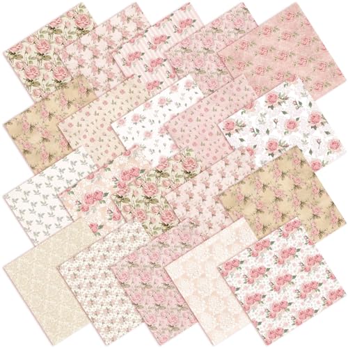 HunnmingRe 20 Pcs 10x10 Vintage Rose Quilting Fabric Square Bundle Retro Floral Precuts Quiltted Fabric Pink and White Printed Patchwork Material Supplies for Holiday Patchwork DIY Sewing Crafts