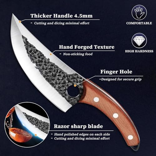 Image of Hand Forged Boning Chef Knife with Leather Sheath, Pocket Knife Sharpener, Cut Resistant Hand Gloves, Japanese Knife, Ultra Sharp High Carbon Kitchen Knive Cooking Gifts,Cooking