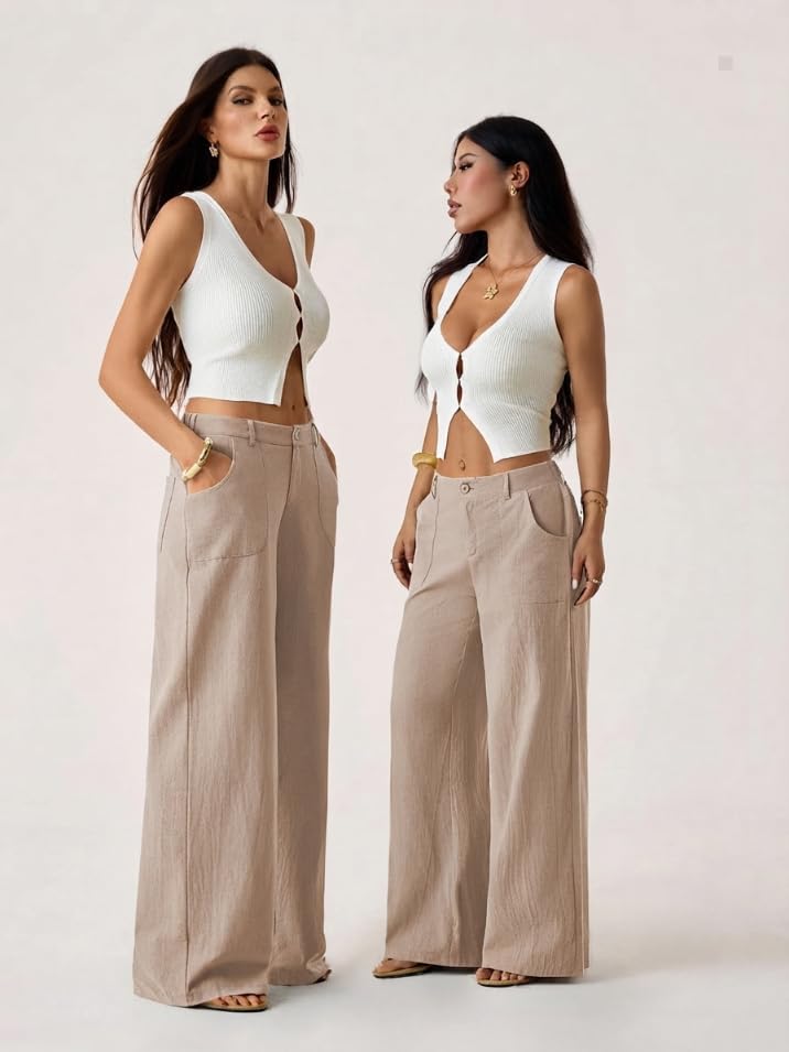 Image of GRECIILOOKS Beige Wide Leg Linen Trousers for Women | High Waist Cotton Baggy Korean Style Casual Pants | Comfortable Formal & Casual Women Trousers