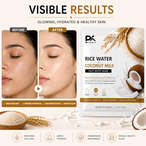 Image of Rice Water & Coconut Milk Face Sheet Mask for Glowing Skin | Niacinamide, Sodium Hyaluronate & Argan Oil | Brightening & Deep Hydration | Paraben-Free, Vegan | All Skin Types | 20g