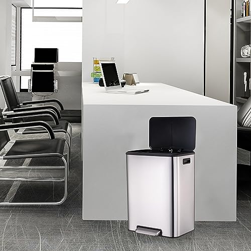 Image of GAOMON 30 Liter /8 Gallon Trash Can, Rectangular Hands-Free Dual Compartment Recycling Kitchen Step Trash Can with Soft-Close Lid, Stainless Steel Garbage Can with 2 x 15L Inner Buckets, Silver