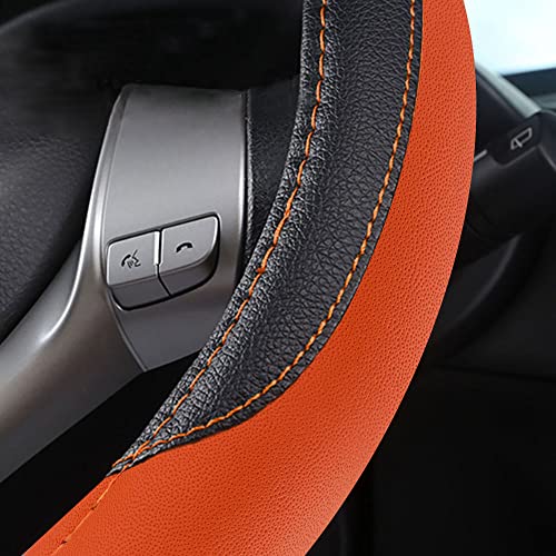 Image of Leather Car Steering Wheel Cover, Non-Slip Car Wheel Cover Protector Breathable Microfiber Leather Universal Fit for Most Cars (Orange-2)