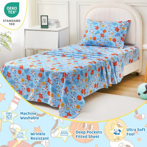 Image of Viviland 3 Pieces Boys Ball Sport Twin Sheet Set - Soft Microfiber Fitted Flat Sheets & Pillowcase Bed Sheet Set - Blue Ball Print Bedding Sets for Kids