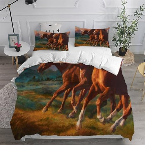 Housse de couette cheval 3D en microfibre 260x220 cm avec taies