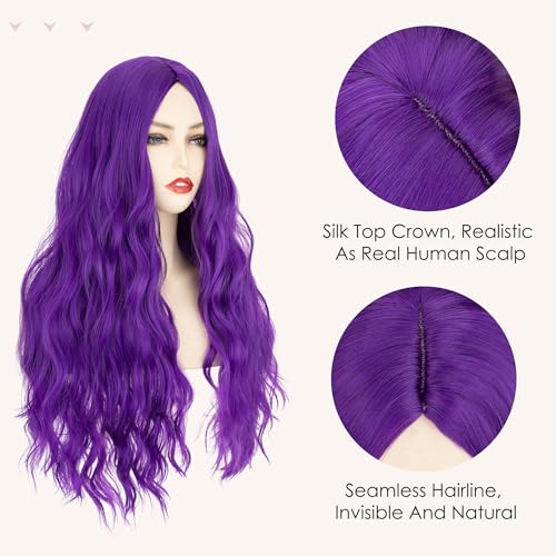 Image of S-noilite Long Purple Wavy Wig for Women 27 inch Middle Part Curly Wavy Wig Heat Resistant Synthetic Hair Seamless Hairline Colorful Anime Cosplay Wigs Halloween Costume Party