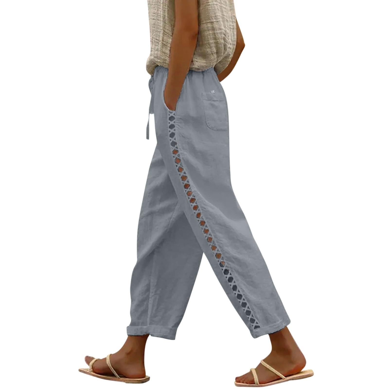 Womens Fashionable Solid Color Lace Spliced High Waist Drawstring Pocket 9 10 Length Pants Travel Pants for
