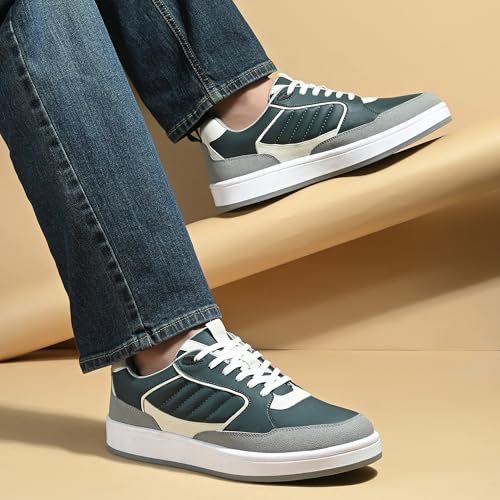 Image of Cruiser Men's Color Block Sneakers| Black Gray with Cream Piping Low-Top Quilted Design Lace-Up White Platform Casual Shoes| Trendy & Stylish Modern Sneakers | Durable TPR Sole Casual Footwear (2655)