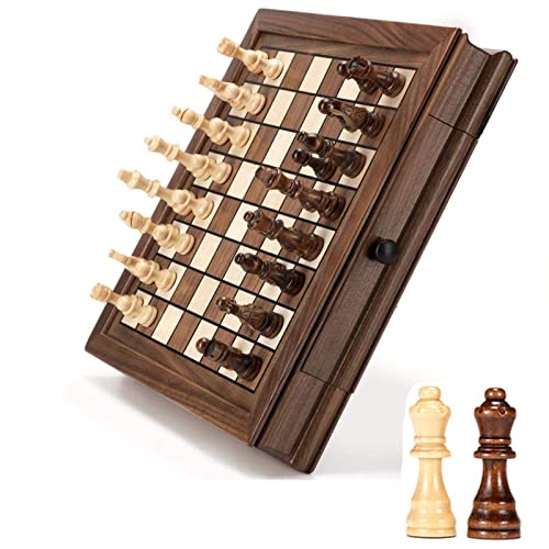 CDBK ストレージドロワーと2つのボーナスエクストラクイーンを備えた12.8インチの木製磁気チェスゲームセット、ウォルナットチェスセット、子供と大人のためのポータブルおよびトラベルクラシックチェスボードゲーム