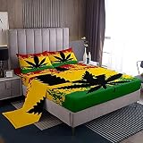 Loussiesd Juego de sábanas bajeras botánicas con hojas de marihuana, bolsillo profundo, ropa de cama de cáñamo, tamaño individual, incluye 1 sábana, 1 sábana encimera y 1 funda de almohada