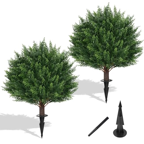 Artificial Set of 2 Cedar Topiary Ball Trees 23" for Outdoors with Ground Spike, UV Resistant Faux Cypress Plants, Evergreen Shrubs Bushes for Front Porch Garden Backyard Decor