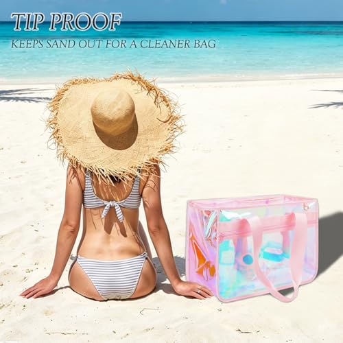 Image of Fammart Iridescent Clear Beach Bags Waterproof Sandproof for Women, Large Jelly Tote Zipper Pool Bag Cruise Essentials 2026