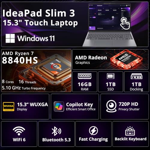 Image of Lenovo IdeaPad Slim 3 15.3 inch WUXGA Touch Laptop, AMD Ryzen 7 8840HS, 16GB RAM, 2TB Storage(1TB SSD +1TB Docking Station), AMD Radeon 780M, Wi-Fi 6, Backlit Keyboard, Webcam, Win 11, Gray