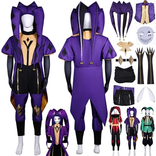 bbganlian Personaje del Juego Jester Disfraz de Cosplay Pierrot Juego de Rol Uniforme Conjunto Completo Halloween Fiesta Carnaval Traje de Vestir con Sombrero Máscara para Hombres (L)