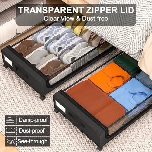 Image of GoMaihe Under Bed Storage with Wheels: 70L Underbed Storage Containers with Clear Lids - Rolling Drawers & Bins for Shoes Clothes in Dorm Bedroom - Space-Saving Easy Pull-out Black 2-Pack