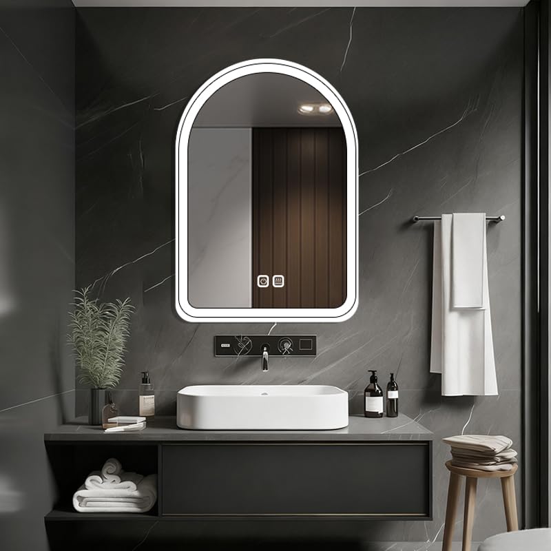 50 x 70 cm Arched LED Mirror for Bathroom, Arched Lighted Vanity Mirror, Dimmable, Shatter-Proof, Anti-Fog, 3 Colors, Memory, White