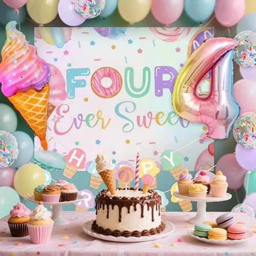 Image of Four Ever Sweet 4th Birthday Decorations for Girl Ice Cream 4 Year Old Birthday Decor Pink Donut Number 4 Balloon Backdrop Party Supplies