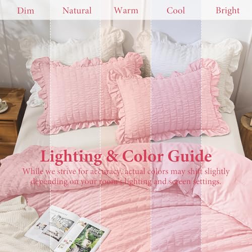 Image of JOLLYVOGUE Pink Comforter Full Size, 3 Pieces Seersucker Lightweight Full Size Bedding, All Season Fluffy Microfiber Bedding Comforter Set with 1 Ruffle Comforter and 2 Ruffle Pillowshams