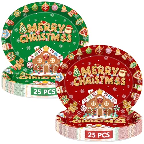QZYL 50 Pcs Christmas Oval Paper Plates, 12.2"x 10.2" Party Dinnerware Gingerbread Plates, Disposable Plates Colorful Christmas Party Decorations, Xmas Tableware for Holiday Dinner Gatherings Decor
