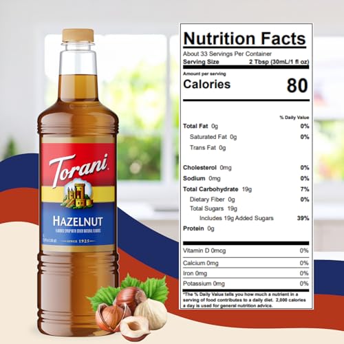 Image of Torani Hazelnut Syrup 1 Liter Bottle with Pump - Premium Coffee Flavoring Made with Pure Cane Sugar & Natural Flavors for Lattes, Cappuccinos, Desserts, Cocktails & More - Rich Nutty Sweetener