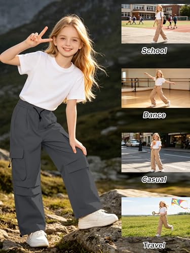 Image of SANGTREE Girls Parachute Pants Loose Lightweight Drawstring Waist Hip Hop Cargo Pants,6-16 Years