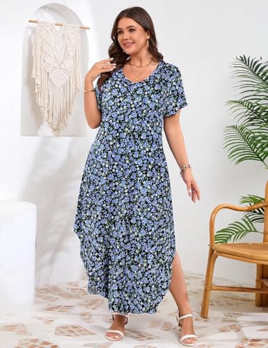 Image of JollieLovin Womens Plus Size Casual Summer Maxi Long Dress Short Sleeve T-Shirt Loose Sun Dress(L-5X)