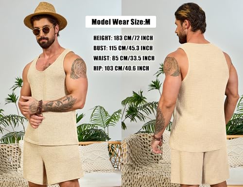 Mens Waffle Shorts Sets 2 Piece Outfits Sleeveless Summer Beach Tank Tops and Shorts Casual Loungewear Sets Suits3