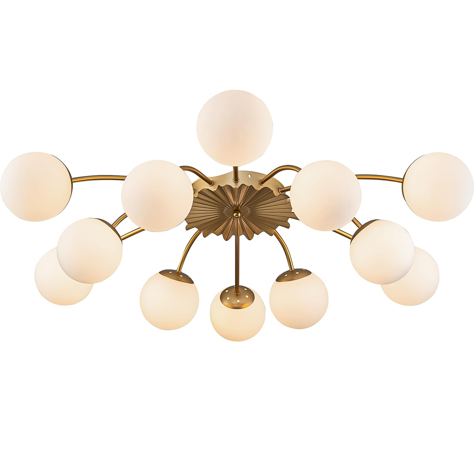 Tunepik Ceiling Lights - Blossom Milk Glass & Opal Bubble Starburst - G9 Base Bulb 12-Light Flush Mount Chandelier | Gold Finish Sputnik Style Ceiling Light for Living, Bedroom, Entry