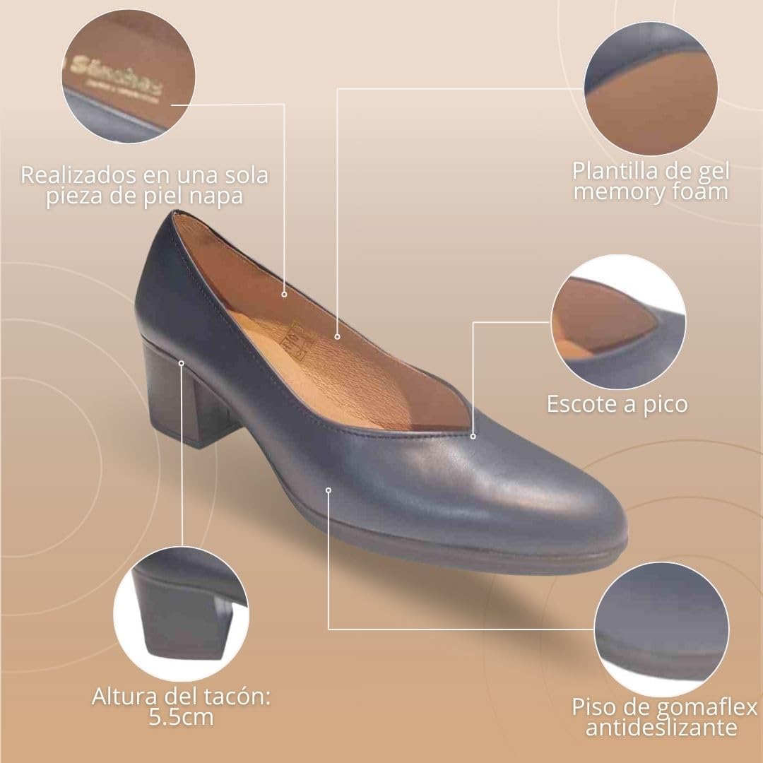 Zapatos de Salón Mujer Belona, Cómodos 24 Horas para Azafatas, Trabajo. Calzado de Piel Fabricado en España Tacón Medio