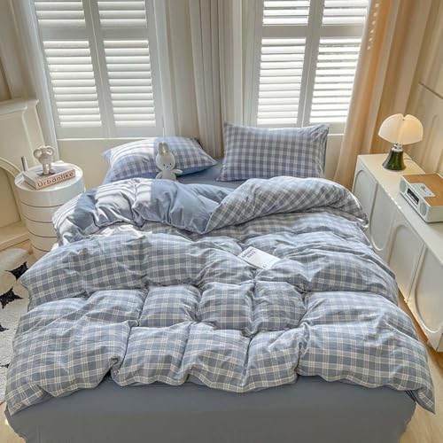 Image of Nayoroom Plaid Duvet Cover Queen Size Blue Checkered Gingham Duvet Cover 3 Pcs Reversible Vintage Grid Farmhouse Dorm Bedding Set Gifts for Women Men Soft Breathable Washed Microfiber