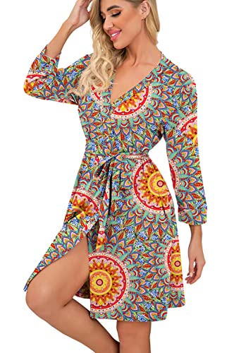 Image of PrinStory Robes for Women Short Knit Bathrobe S-2XL | 3 /4 Sleeve Bathrobes with Pockets, Stretchy and Lightweight Fabric, Inner Tie and Fixed Outer Belt, Mid Thigh Length
