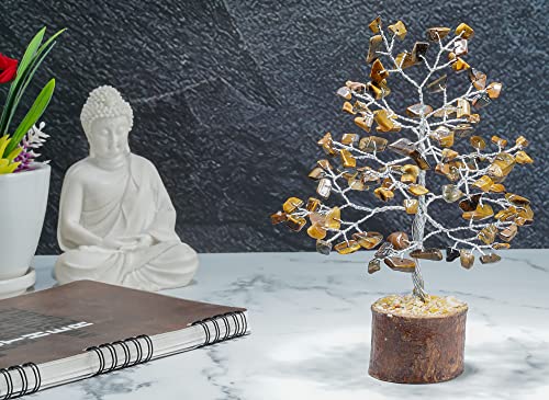 Image of ZAICUS Tiger Eye Stone Tree of Life Feng Shui Bonsai Silver Wire
