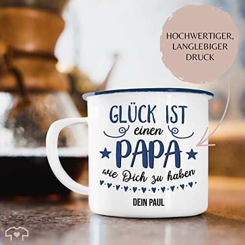 Emaille Becher Blechbecher - zum - Glück ist einen Papa wie Dich zu haben I Papa Geschenk Vatertag - 300 ml - Weiß Blau - tasse vatertagsgeschenk vater es tassen für vatertagsgeschenke als