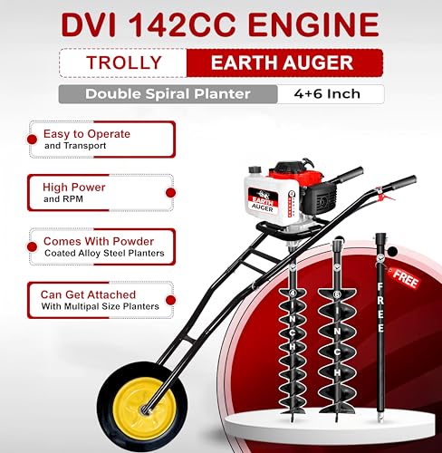 Image of DVI 142CC Trolley Earth Auger Machine, 4-Stroke Petrol Engine - with 4 Inch + 6 Inch Double Spiral Planter Bits & Free Extension Rod | for Plantation, Fencing & Post Hole Digging in All Soil Types.