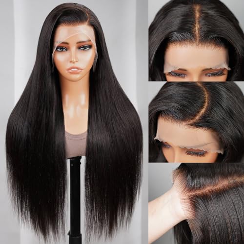 Bleached Knots Straight Lace Front Wigs 13x4 Pre Cut Lace Front Wigs Human Hair for Black Women 200% Density Brazilian Virgin Human Hair Wigs Upgraded Glueless Wigs Natural Color 28 inch