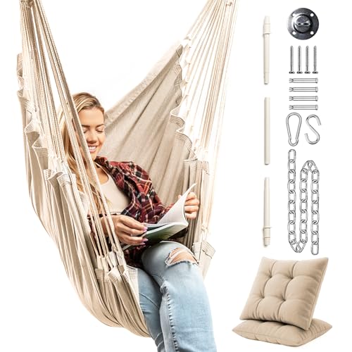 Image of Hanging Hammock Chair Swing - Hanging Chair Outdoor & Indoor - Hammock Swing Chair - Quick & Easy Setup with Hardware Kit - Durable & Spacious Full Body Support with 2 Plush Cushions - Holds 440 Lbs