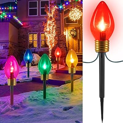 Jumbo C9 Christmas Lights Outdoor Decorations Lawn with Pathway Marker Stakes, 8.5 Feet LED Lights Covered Jumbo Multicolored Light Bulb for Holiday Outside Yard Garden Decor, 5 Lights