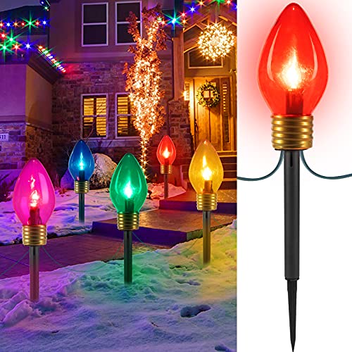 Jumbo C9 Christmas Lights Outdoor Decorations Lawn with Pathway Marker Stakes, 8.5 Feet C7 String Lights Covered Jumbo Multicolored Light Bulb for Holiday Time Outside Yard Garden Decor, 5 Lights by Brightown - Used condition - CA$33.25