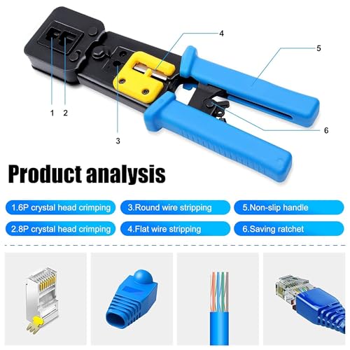 Image of ComTech RJ45 PassThrough Crimping Tool for Ethernet Lan network cable Crimper with Wire Stripper,Cutter for Cat5, Cat5e, Cat6 ModularPlug for RJ11 RJ12 RJ45 Connectors plier hand tool