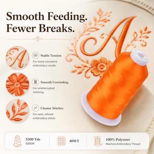 Image of Simthread Embroidery Machine Thread 5000M 40WT Polyester, Tangerine 209 | 5000M 40WT polyester thread feeds smoothly for home or commercial embroidery projects.
