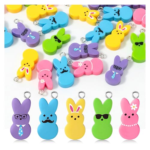 Easter Bunny Peep Charms Pendants - 50Pcs Easter Bunny Resin Enamel Jewelry Pendants He is Risen Rabbit Charms for Spring Holiday Jewelry Making Earring Necklace Bracelet Making DIY Crafts Accessories