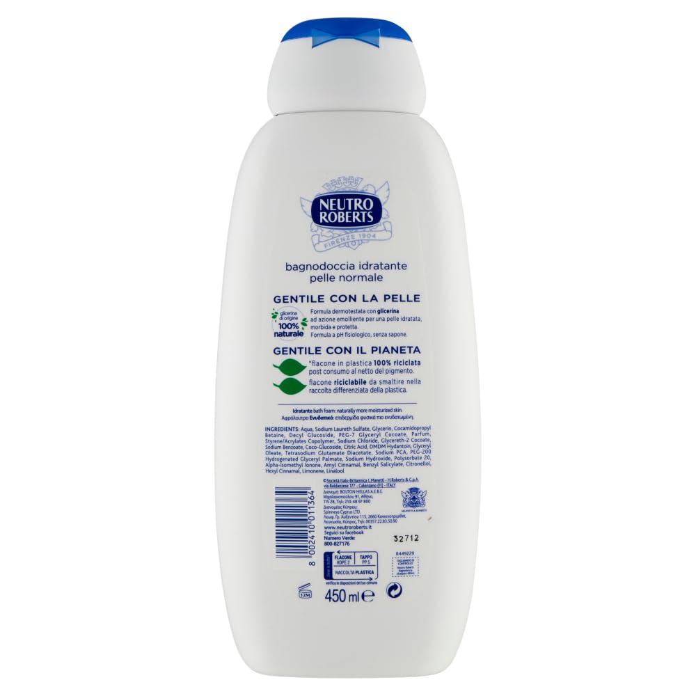 8 gel de ducha Neutro Roberts Bagnodoccia Idratante, con glicerina natural, gel de ducha que ayuda a hidratar y limpiar la piel, 450 ml, incluye llavero Beni Culinari