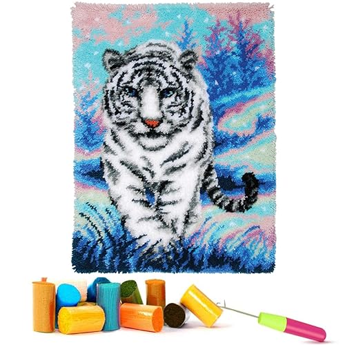 EMISTEM Latch Hook Kits for Adults - DIY Latch Hook Rug Kits for Kids, Crochet Kit for Beginners, Rug Making Kits with Printed Canvas, Gift Packaging.(White Tiger Walking on Snow, 20x15)