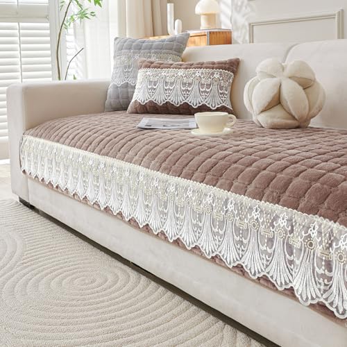 Image of HOKIPO 'BelleLace Series' Imperial Milk Velvet Sofa Cover Mat for 2 Seater Sofa, Lace Design, Mocha Brown (AR-5964-BRN*1)