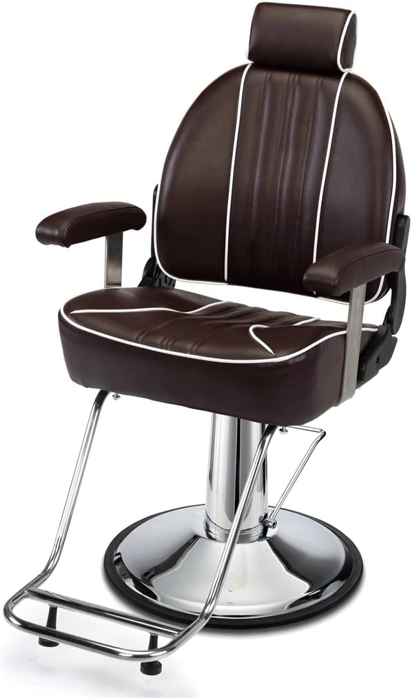 PVC Leather Barber Chair with Headrest - Brown