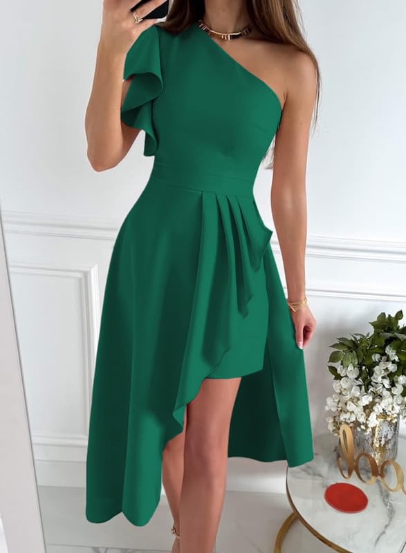 Image of Dokotoo Womens One Shoulder Sleeveless Ruffle Empire Waist Asymmetrical High-Low Bodycon Formal Wedding Guest Midi Dresses