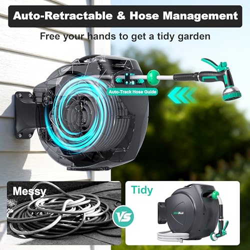 Image of Retractable Garden Hose Reel, 65FT +6FT 5 /8 inch Durable Wall Mounted Water Hose Reel with 180 Swivel Bracket, 9 Pattern Sprayer, 6Ft leader hose,Smooth Automatic Rewind, Any Length Lock.