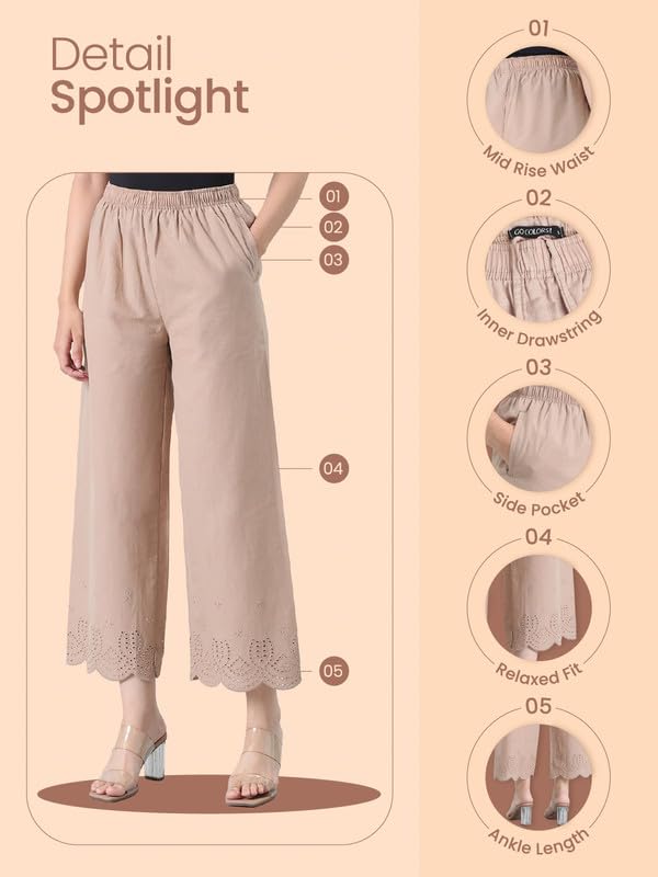 Image of GO COLORS Women's Cotton Hakoba Palazzo | Ankle Length, Schiffli Embroidery, Relaxed Fit, Mid-Rise with Side Pocket