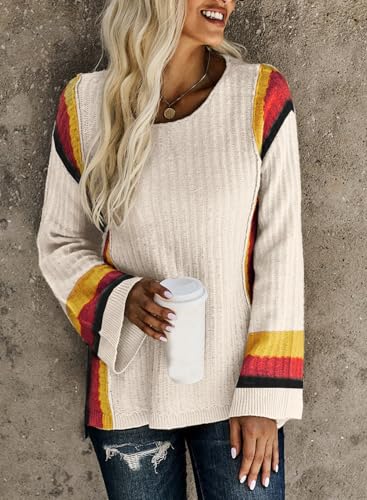 Image of Dokotoo Womens 2026 Spring Summer Casual Crewneck 3 /4 Sleeve Striped Lightweight Knit Trendy Boho Tops Pullover Sweaters