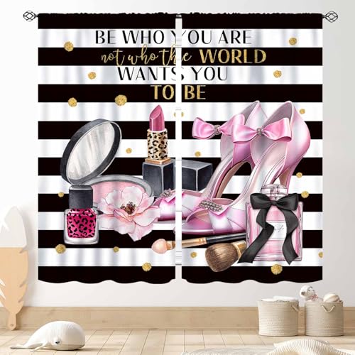 Fashion Curtains, Black White Stripe Pink Perfume High Heels