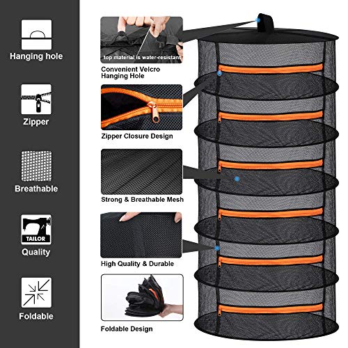Image of Desy & Feeci Herb Drying Rack-2ft Diameter 6 Layer Folding Mesh Hanging Basket Dryer Net with Zippers for Seeds Flowers Buds Plants Garden Outdoor Bumper Harvest(D24xH47 inch)